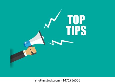 Banner with megaphone and text top tips. megaphone loudspeaker with message top tips. Cartoon illustration in comics style. colorful bussines concept. vector illustration.