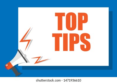 Banner with megaphone and text top tips. megaphone loudspeaker with message top tips. Cartoon illustration in comics style. colorful bussines concept. vector illustration.