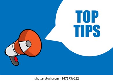 Banner with megaphone and text top tips. megaphone loudspeaker with message top tips. Cartoon illustration in comics style. colorful bussines concept. vector illustration.