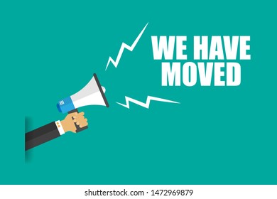 Banner with megaphone and text we have moved. megaphone loudspeaker with message we have moved. Cartoon illustration in comics style. colorful bussines concept. vector illustration.