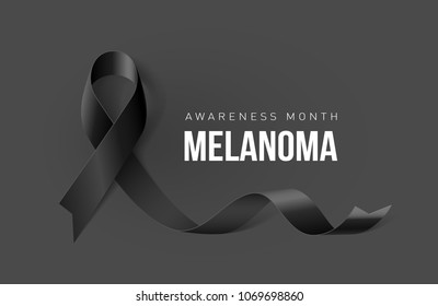 Banner with Melanoma Cancer Awareness Realistic Black Ribbon. Design Template for Info-graphics or Websites Magazines on Dark Background