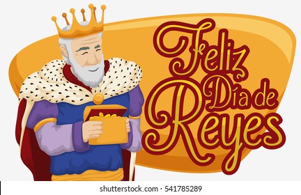 Banner with Melchior Magi holding a gold gift for Baby Jesus celebrating Epiphany or Three Kings' Day ("Feliz Dia de Reyes" in Spanish).