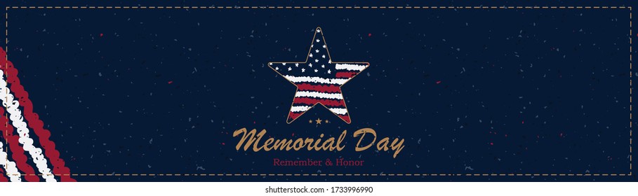 Banner Memorial Day. Raster Illustration with lettering "Remember and Honor" and USA flag on blue background with retro texture.