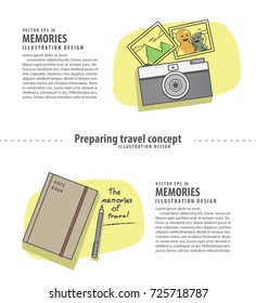 Banner Memories with photography & writing Preparing travel concept set illustration vector on white background. Travel concept.