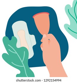 Banner with menstrual cups in flat style. For ads, shop, womans store. Vector illustration. 