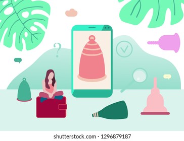 Banner with menstrual cups in flat style. For ads, shop, womans store. Vector illustration. 