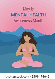 Banner for Mental Health Awareness Month in May. A girl does yoga in the lotus position against the backdrop of mountains and sunset