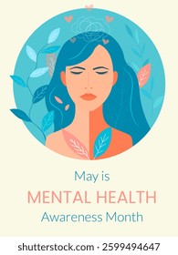 Banner for Mental Health Awareness Month in May. Girl with leaves on a light background