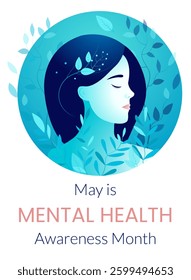 Banner for Mental Health Awareness Month in May. Girl with leaves on a light background
