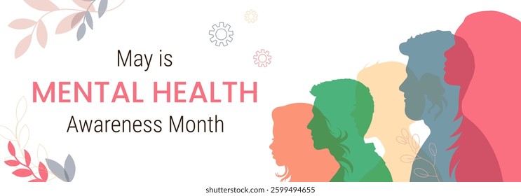 Banner for Mental Health Awareness Month in May. Multi-colored silhouettes of people on a light background