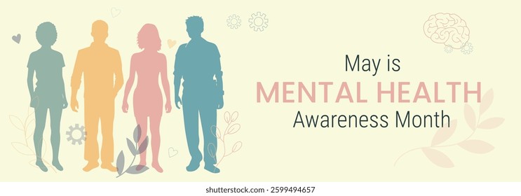 Banner for Mental Health Awareness Month in May. Multi-colored silhouettes of people on a light background