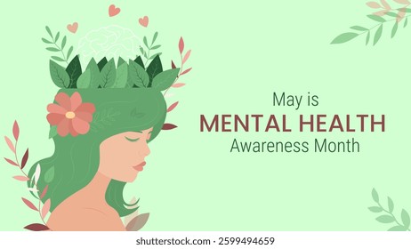 Banner for Mental Health Awareness Month in May. Girl with leaves on a light background