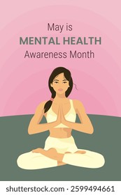 Banner for Mental Health Awareness Month in May. Girl doing yoga in lotus position
