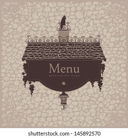 banner for menu with the old roof lantern and grapes on a stone wall background