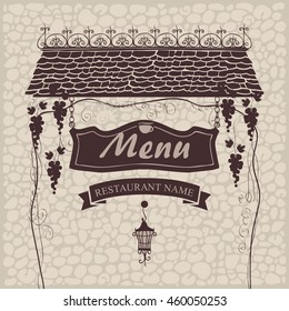 banner for menu with the old roof lantern and grapes on a stone wall background