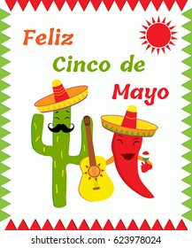 Banner with merry cactus and chilli pepper for Cinco de Mayo day