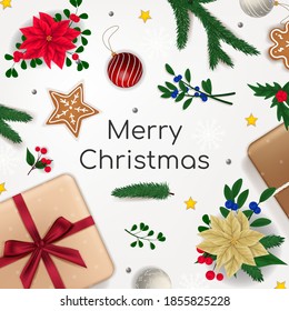 Banner Merry Christmas. Christmas card with branch and presents. Xmas design of sparkling garland lights  and realistic gift box and glitter golden confetti. Vector illustration