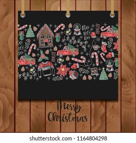Banner of  Merry Christmas with elements painted colored chalk on blackboard. Vector.