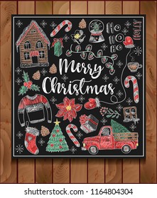 Banner of  Merry Christmas with elements painted colored chalk on blackboard. Vector.