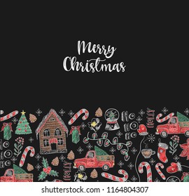 Banner of  Merry Christmas with elements painted colored chalk on blackboard. Vector.