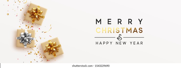 Banner Merry Christmas and Happy New Year. Realistic brown and white gift boxes, Shiny golden confetti. Festive background Greeting card, poster. Xmas present. flat lay, top view. Vector illustration