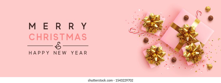 Banner Merry Christmas and Happy New Year. Realistic pink gift boxes, glitter gold confetti, Chocolate round candy in foil, sweet cane. Xmas present. flat lay, top view. Vector illustration