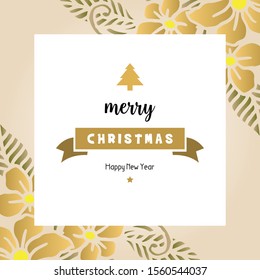 Banner of merry christmas and happy new year, with drawing art of leaf flower frame. Vector