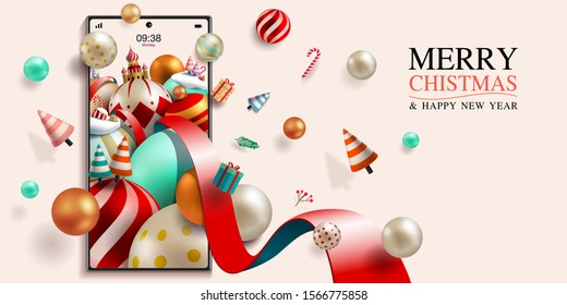 Banner Merry Christmas and Happy New Year. Winter Snowy. on Mobile Vector Concept. Horizontal view. VECTOR