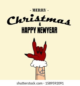 banner merry christmas and happy new year, illustration of a rock and roll hand with christmas gloves. can be used for background and design additions. vector
