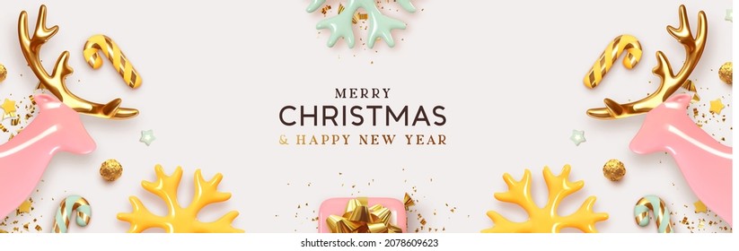 Banner Merry Christmas and Happy New Year gift card. Xmas Holiday Background. Realistic 3d design, gift boxes, Christmas pink deer, decorative snowflakes and candies. Gold confetti. Vector illustrator