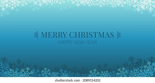Banner merry christmas and happy new year. Abstract background pattern white and blue snowflakes. Design elements for backdrop, wallpaper, wall, card, cover, poster. Vector illustration.