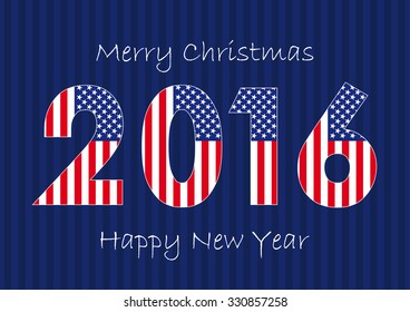 The banner of Merry Christmas and Happy New Year 2016 with American flag. US flag celebrating congratulating numbers.