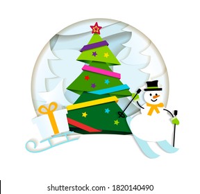 Banner Merry Christmas. Paper ribbon on Christmas tree with star and Christmas balls. paper cut and craft style. Vector illustration.