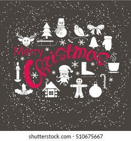 Banner Merry Christmas with red lettering and white icons, vector illustration