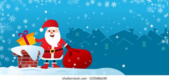 banner Merry Christmas. Santa Claus on the roof with a bag of gifts, throws a gift in the chimney. White background. 