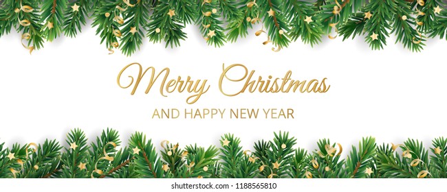 Banner with Merry Christmas text. Seamless vector decoration on white. Christmas illustration, winter holiday background. Christmas tree frame, garland. Border for party poster, header