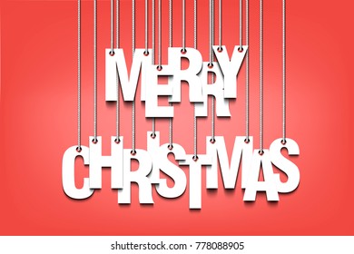 Banner Merry Christmas. White letters Merry Christmas hanging on a ropes on a red background. Vector illustration