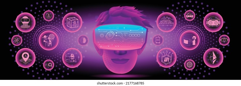 Cartel del concepto de Tecnología Metaverse. Un cabezal usa VR realidad virtual alternar e íconos de metástasis