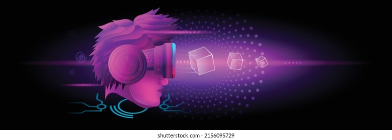 Banner of Metaverse Technology concept. A man head facing to use VR virtual reality goggle for experiences of metaverse virtual world