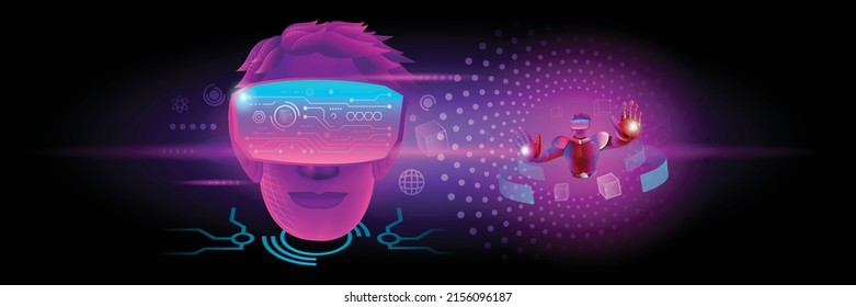 Cartel del concepto de Tecnología Metaverse. La cabeza de un hombre usa VR la realidad virtual, la lucha por las experiencias del mundo virtual de la metáfora