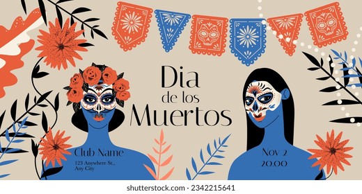 Banner for mexican day of the dead with girls with carnival masks, flowers and garland. Vector illustration in flat style