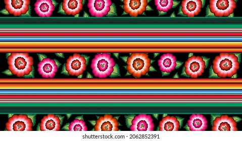 Banner Mexican floral embroidery pattern, ethnic colorful native flowers folk fashion design. Embroidered Traditional Textile Style of Mexico, vector isolated on striped background