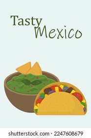 Banner with Mexican food. Illustration of guacamole and taco.