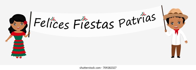 Banner for Mexican Independence Day. Boy and girl in national costumes hold a poster with the inscription Felices Fiestas Patrias. Translated from Spanish: Happy National Holidays