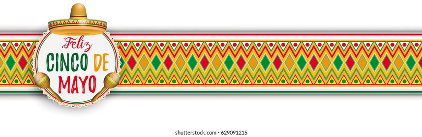 Banner with mexican ornaments and colored emblem Eps 10 vector file.