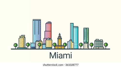 Banner Of Miami City In Flat Line Trendy Style. All Buildings Separated And Customizible. Line Art.