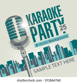 Banner with microphone for karaoke parties over modern city background