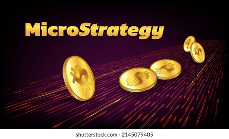 Banner MicroStrategy Incorporated with coins of Bitcoin BTC and Dollars USD on dark road from digits. Company that buys bitcoins and other digital coins and pushes market up. Vector illustration.
