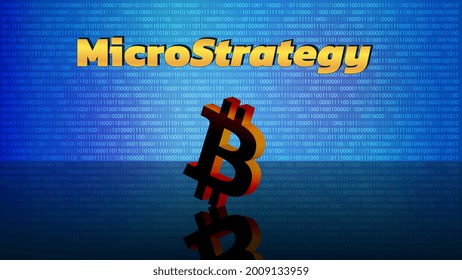 Banner MicroStrategy Incorporated on digital background with Bitcoin symbols on mirror floor. Company that buys bitcoins and other digital coins and pushes market up. Vector illustration.