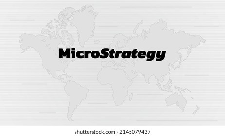 Banner MicroStrategy Incorporated with world map on white Background. Empresa que compra bitcoins y otras monedas digitales y que impulsa el mercado. Ilustración vectorial.